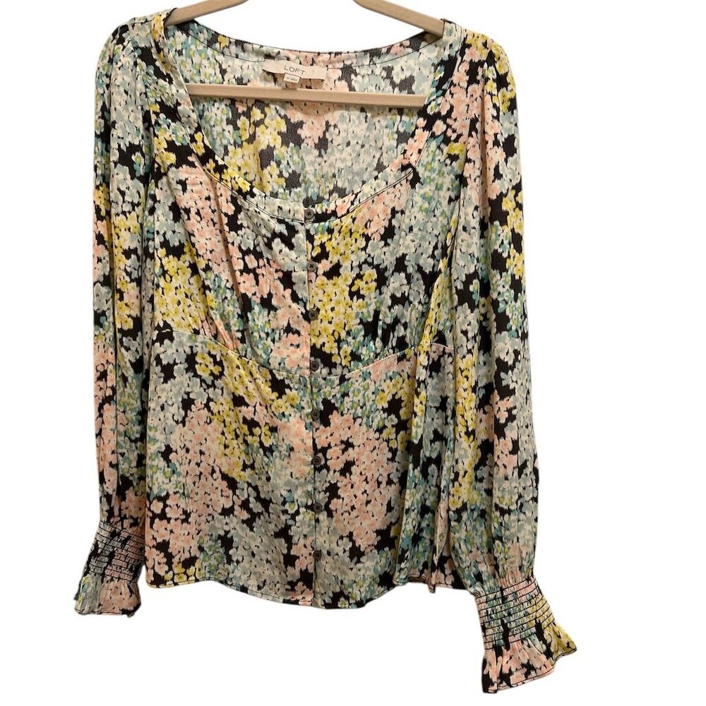 LOFT Women's Floral Square Neck Blouse M Smocked Cuff Long Sleeve